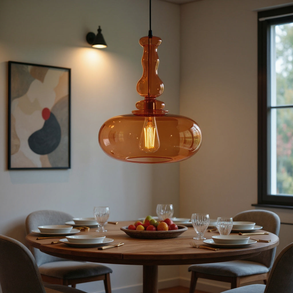 Dining room with a wooden table, chairs, and a modern pendant light.